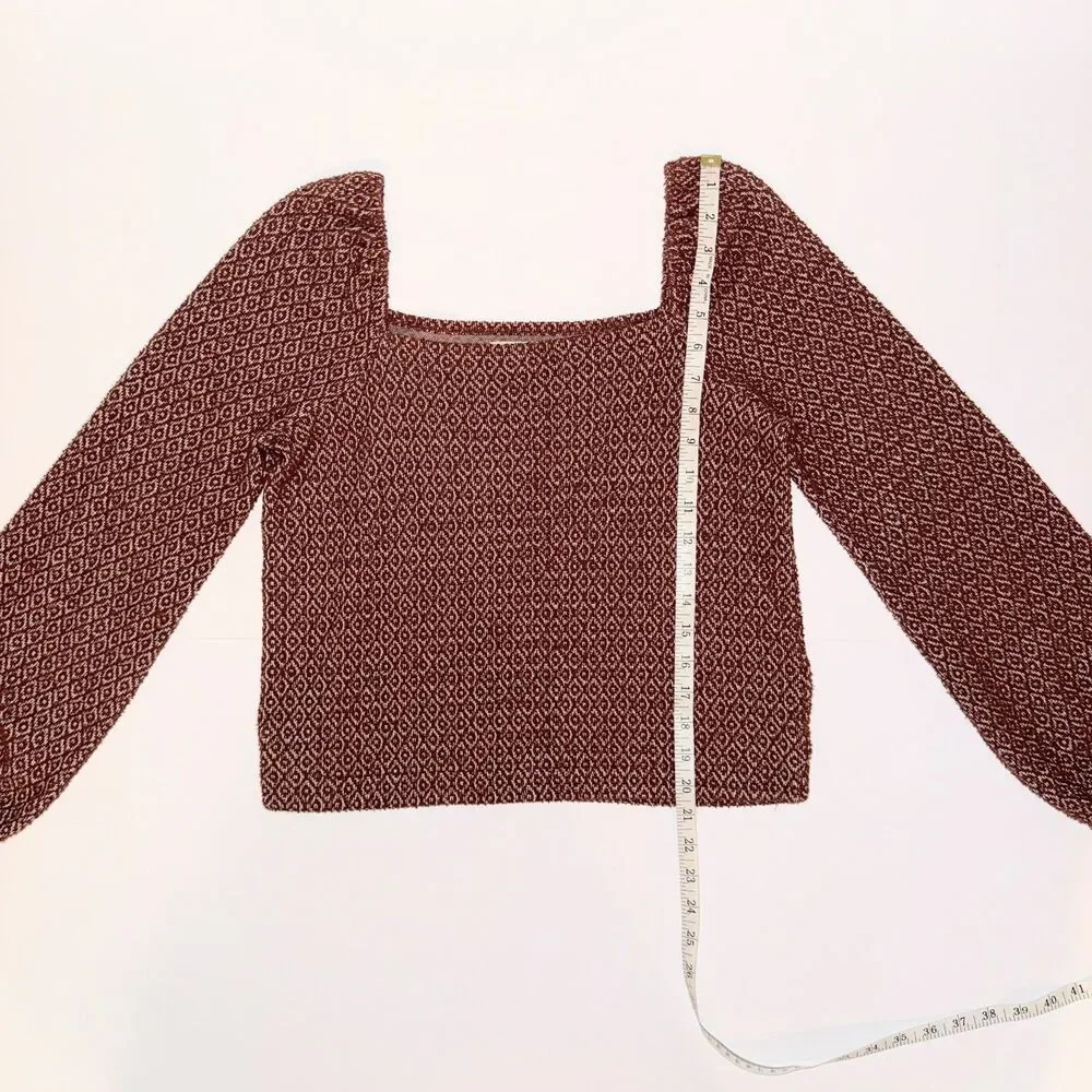 Madewell Jacquard Puff Sleeve Crop Top Square Neck Blouse Dark Merlot Rust sz XS